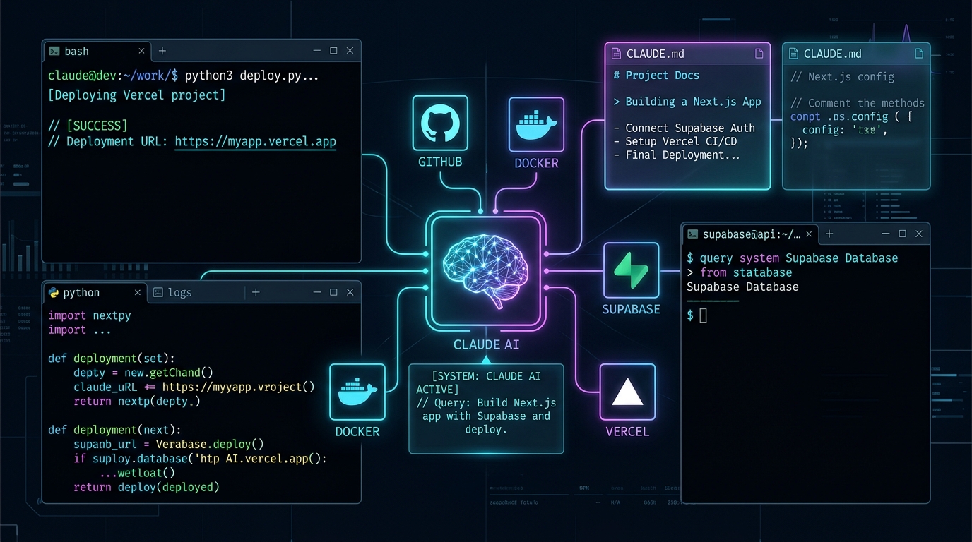 Claude Code CLI terminal workspace connected to GitHub, Docker, Supabase and Vercel via glowing MCP nodes
