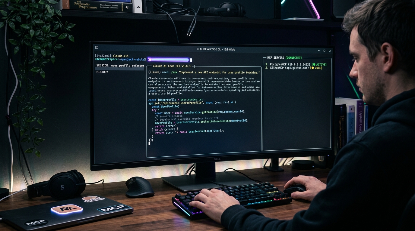 Claude Code CLI terminal interface with MCP connections and glowing developer workspace