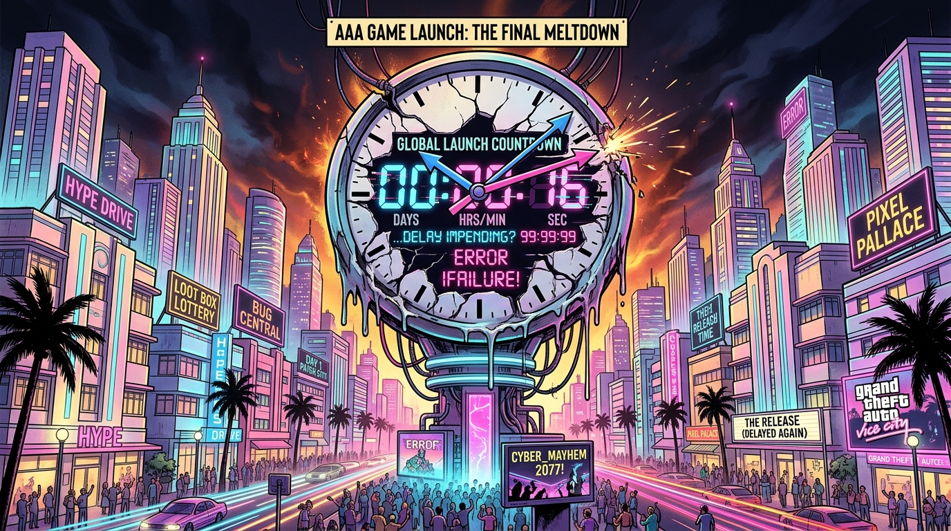 Melting clock against a Miami cityscape — a surrealist metaphor for AAA release date culture