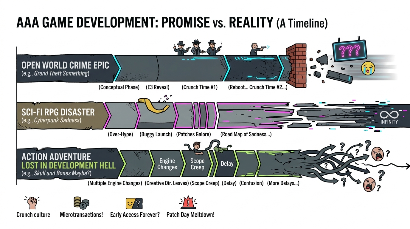 Satirical AAA development timeline chart showing spiraling scope, budget, and delays