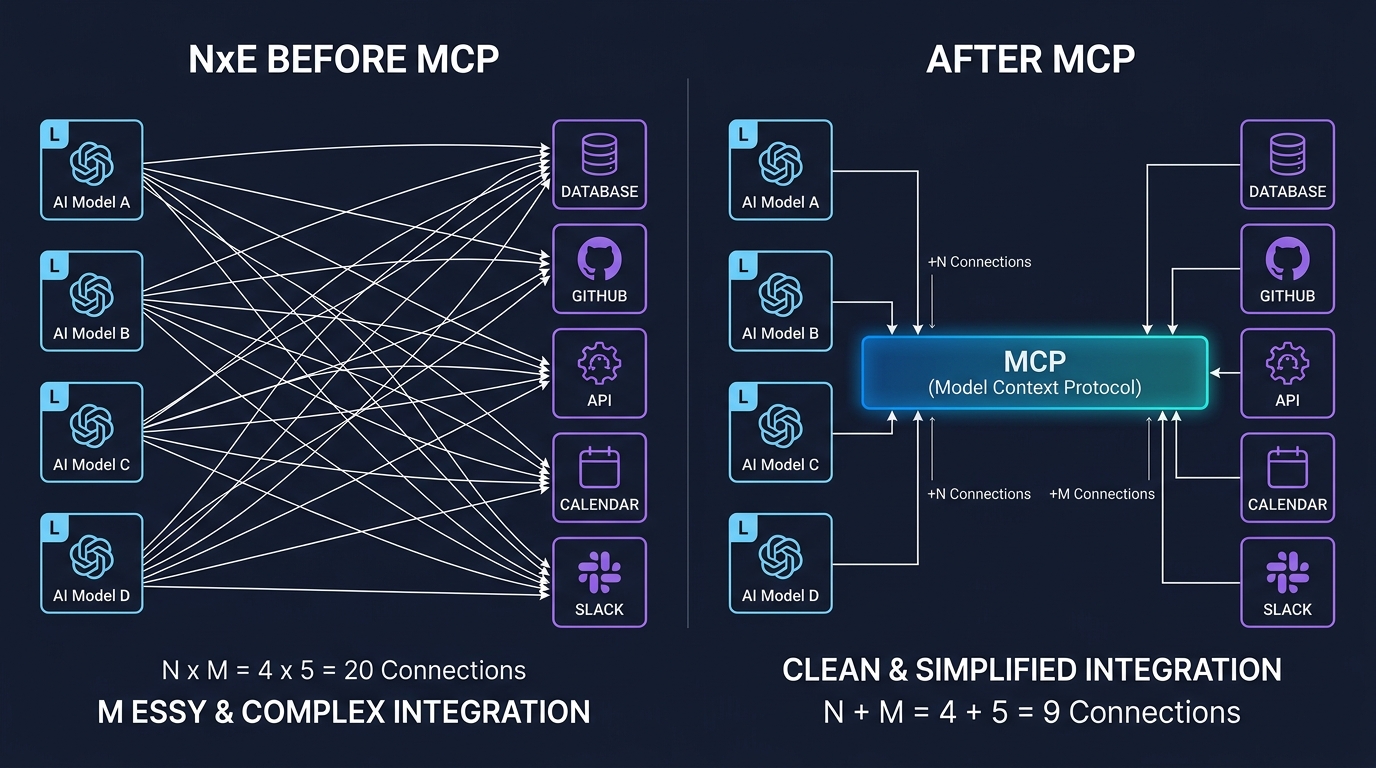 NxM integration problem vs. MCP solution — before and after diagram
