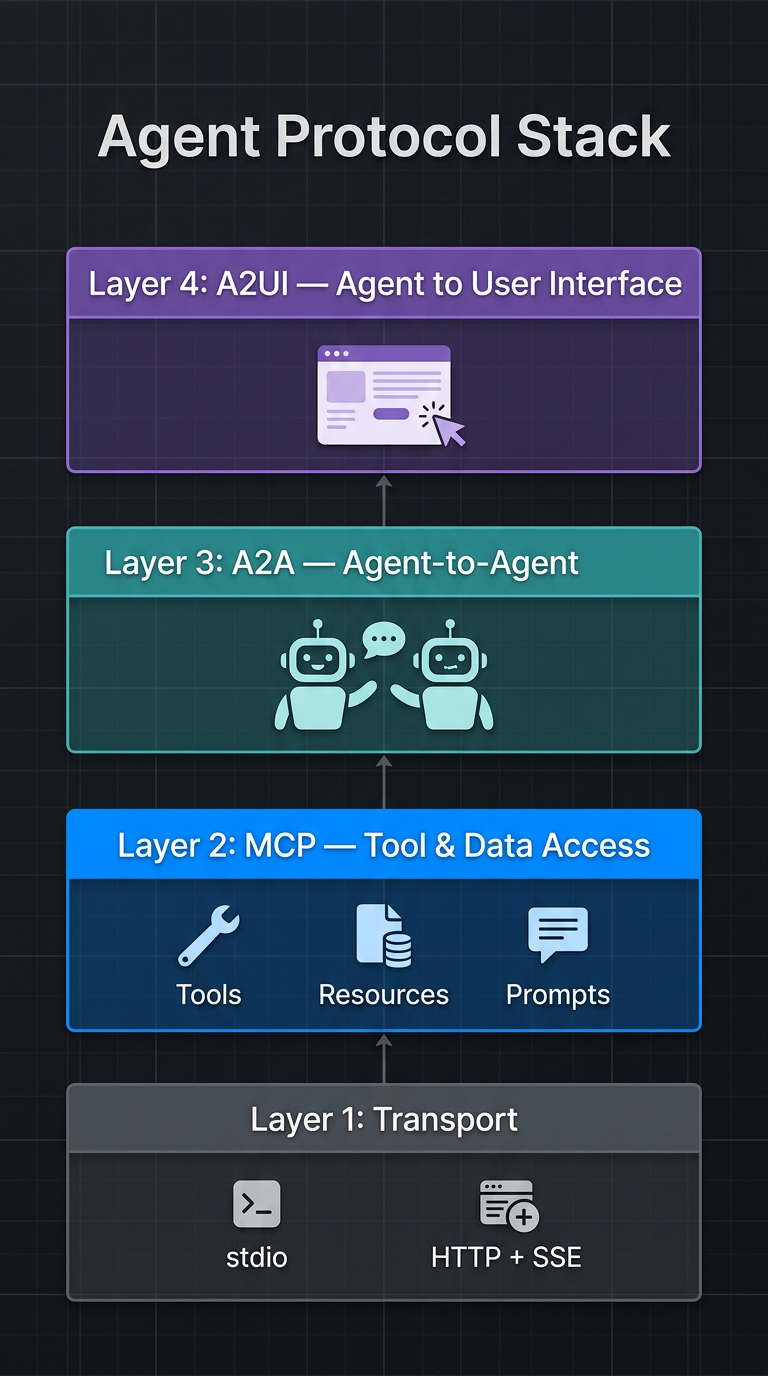 Agent Protocol Stack — layered like a TCP/IP or OSI stack