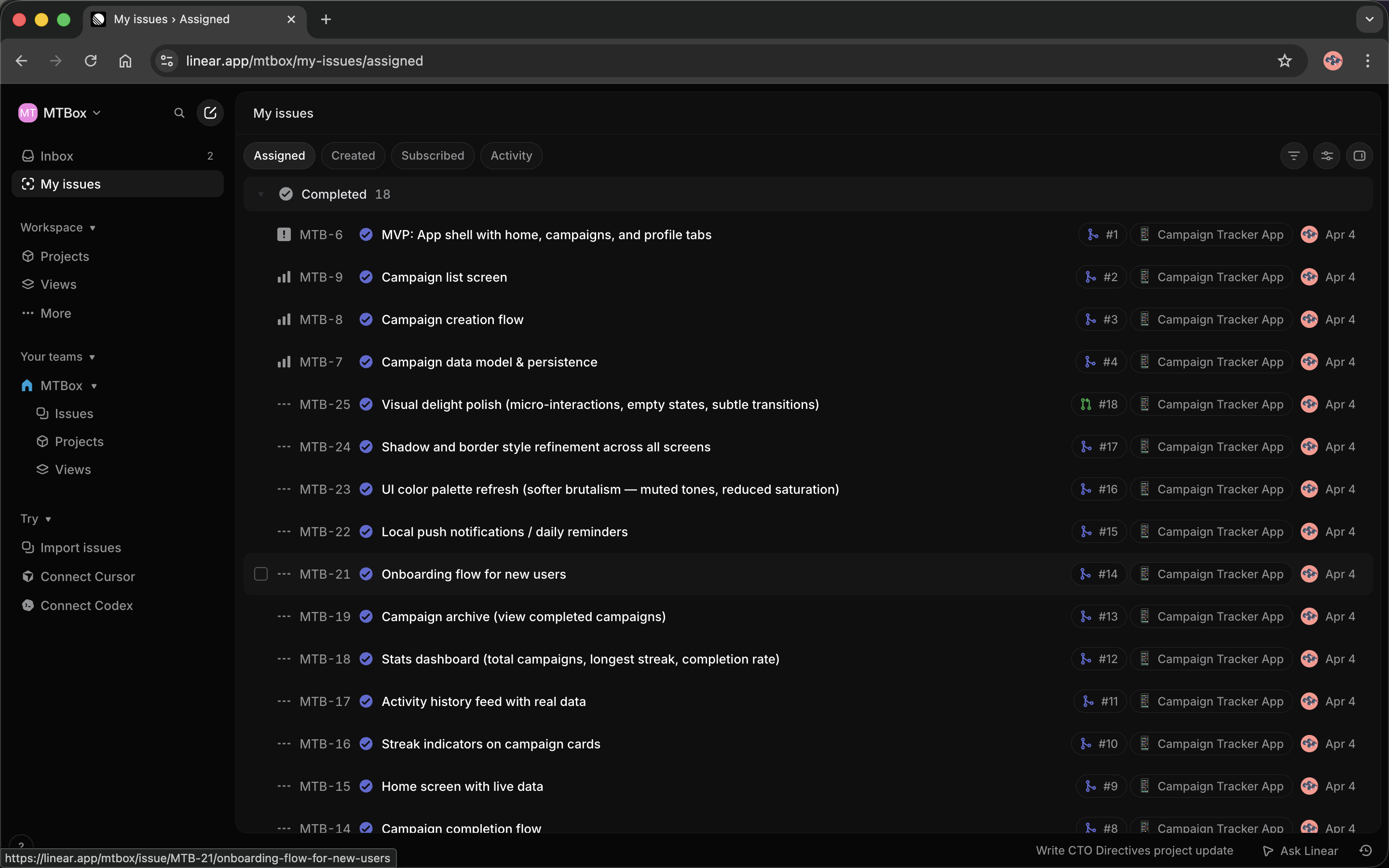 Linear issue board showing Campaign Tracker tasks across all workflow stages