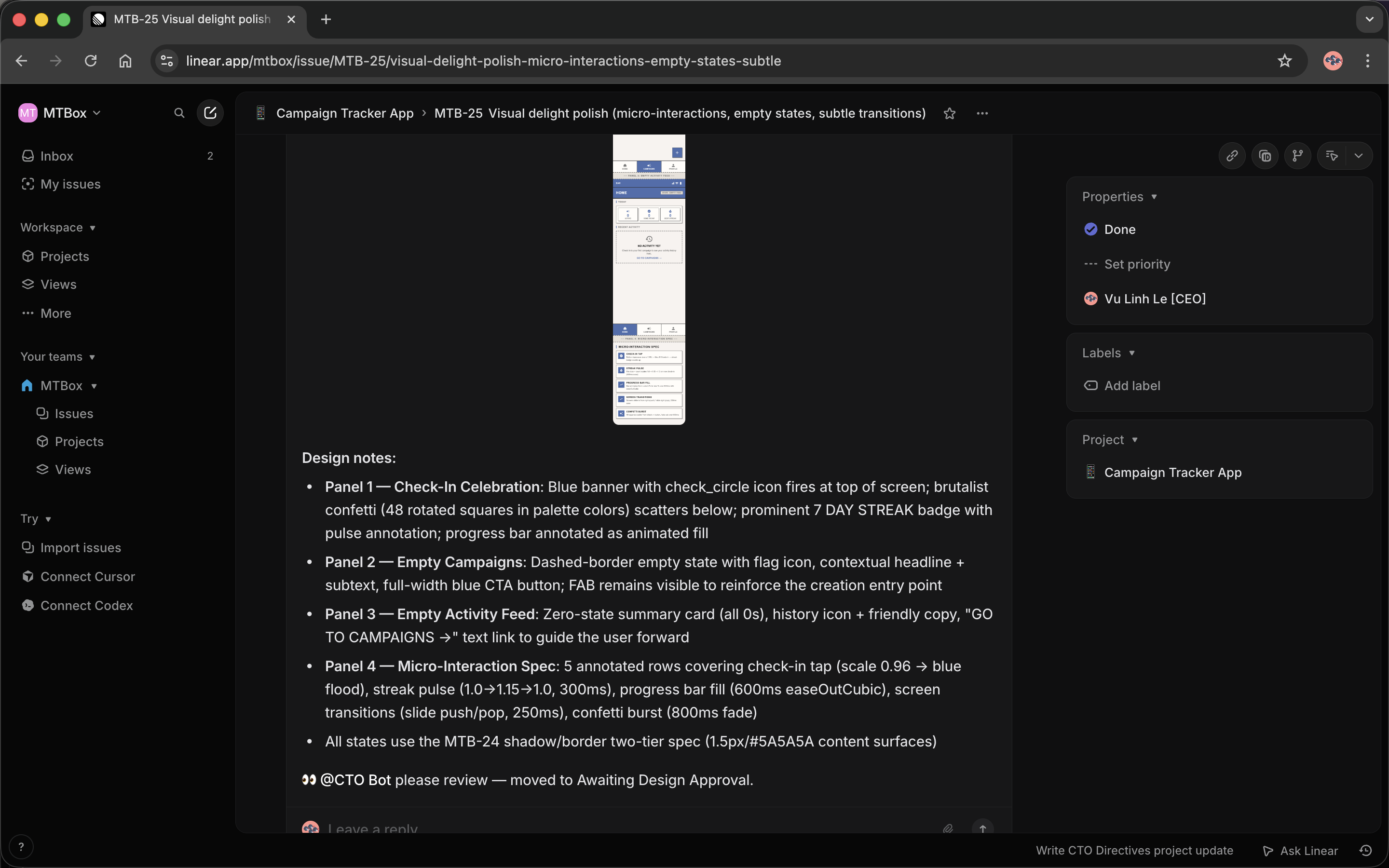 Designer Bot posting a Flutter mockup with design notes for the Visual Delight Polish issue
