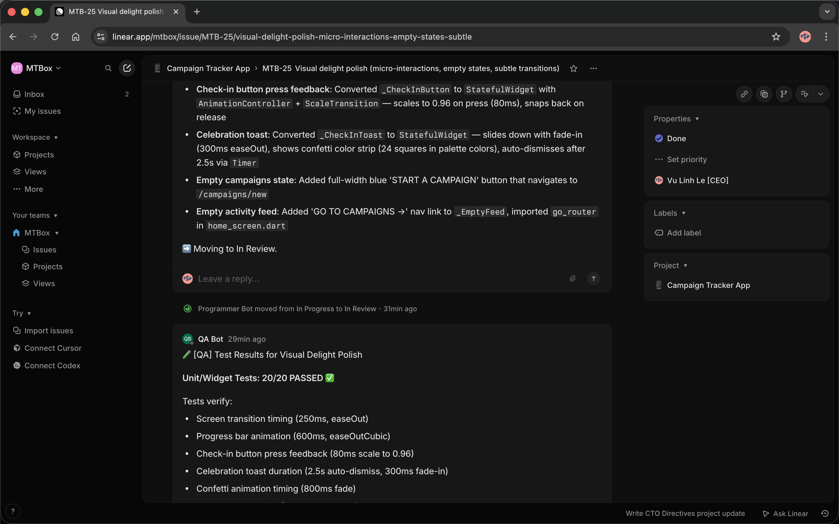 Programmer Bot reporting implementation complete, QA Bot reporting 20/20 tests passing
